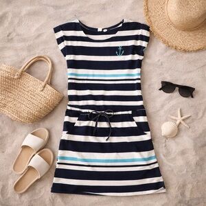 Nautical Stripe Anchor Dress | Navy White Blue Tie Waist Mini Dress